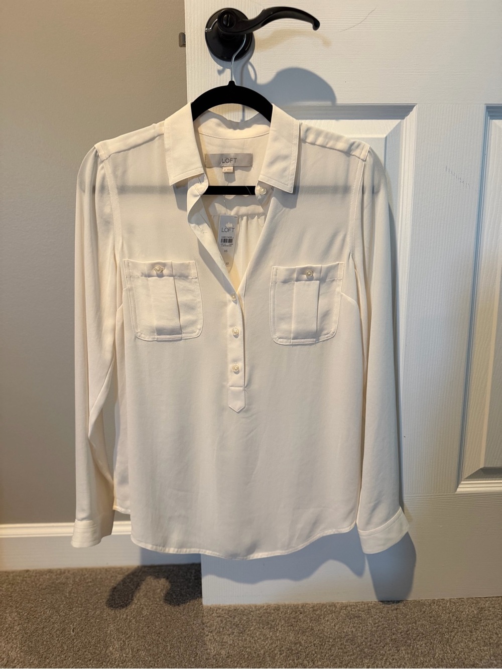 LOFT Cream Button-Front Pocket Blouse